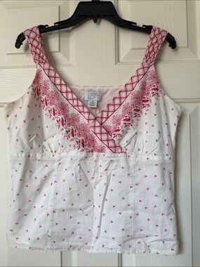 🕶️ Y2K Vintage LOFT White Tank Top with Red Print and Trim Size 14☀️